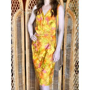 1960s Vintage Hawaiian Print Handmade Shift Dress Chartreuse Retro Asymmetrical